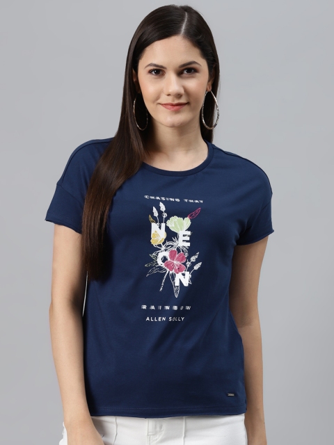 

Allen Solly Woman Navy Blue & White Floral Printed Slim Fit T-shirt