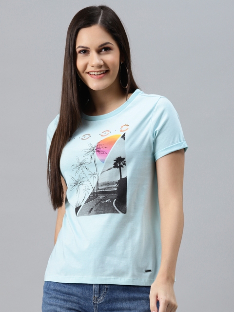 

Allen Solly Woman Women Blue Printed Cotton Round-Neck T-shirt