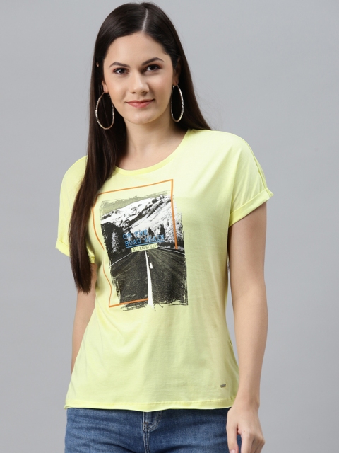 

Allen Solly Woman Women Lime Green & Charcoal Grey Printed Extended Sleeves T-shirt
