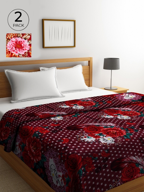 

KLOTTHE Maroon & White Set of 2 Floral AC Room 233 GSM Double Bed Comforter