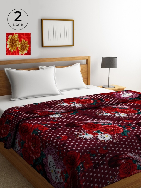 

KLOTTHE Red & Tan Brown Set of 2 Floral AC Room 233 GSM Double Bed Comforters