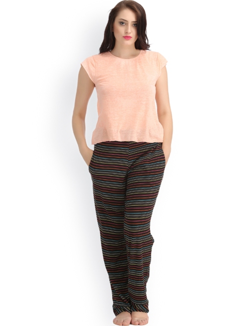 

Clovia Peach-Coloured & Black Striped Night Suit LS0034P16