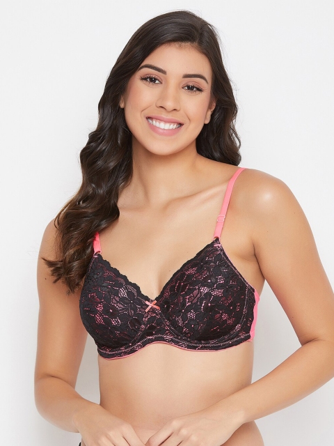 

Clovia Black & Pink Lace Underwired Lightly Padded Everyday Bra BR2221P1432B