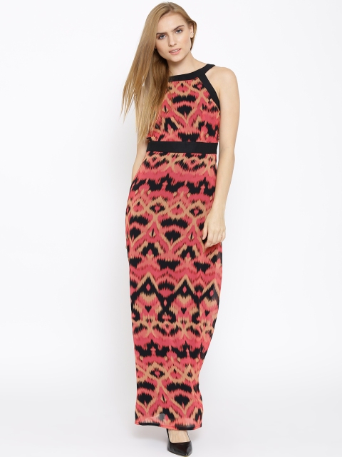 

Vero Moda Coral Pink & Black Polyester Ikat Print Maxi Dress