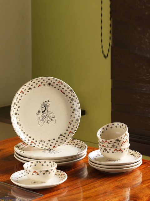 

ExclusiveLane Off-White & Green Set of 12 Handcrafted Ceramic Dinner Set