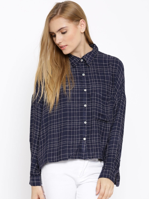 

Vero Moda Navy Checked High-Low Shirt, Navy blue