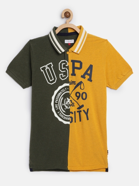 

U.S. Polo Assn. Kids Boys Olive Green & Mustard Yellow Brand Logo Pure Cotton Polo T-shirt