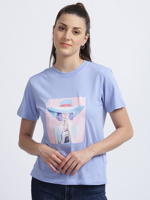 

Zink London Women Blue & Pink Printed Round Neck T-shirt