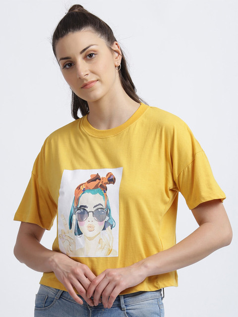 

Zink London Women Mustard Yellow & White Printed Round Neck T-shirt