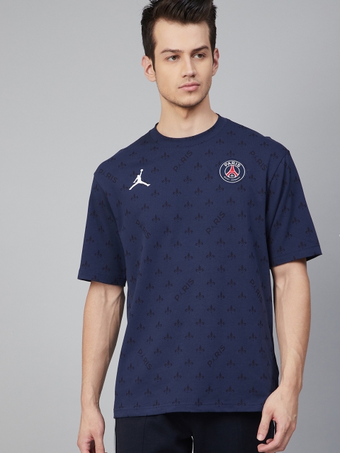 

Nike Men Navy Blue Black Paris Saint-Germain Logo Statement Printed Round Neck Pure Cotton T-shirt