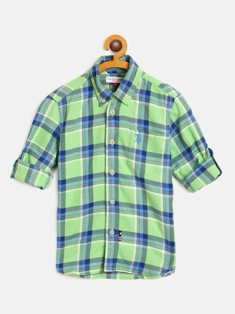 

U S Polo Assn Kids Boys Green & Blue Checked Cotton Casual Shirt