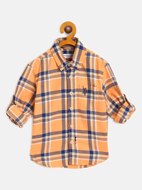 

U S Polo Assn Kids Boys Orange & Navy Blue Checked Cotton Casual Shirt