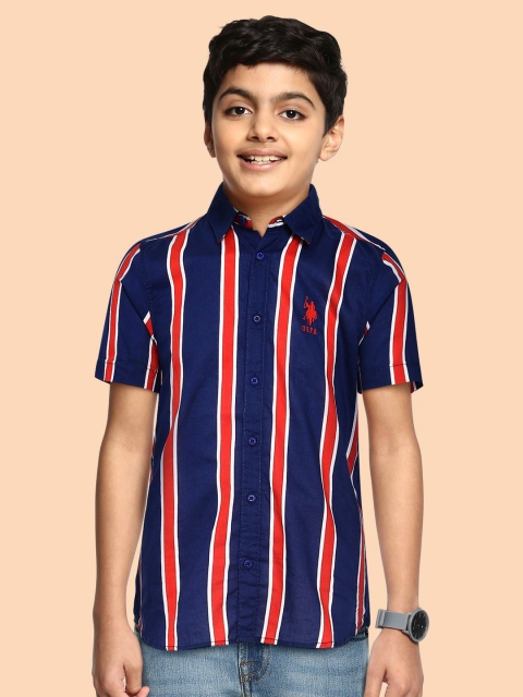 

U S Polo Assn Kids Boys Navy Blue & Red Striped Cotton Casual Shirt