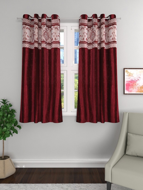 

ROMEE Maroon & Beige Set of 2 Jacquard Room Darkening Window Curtains