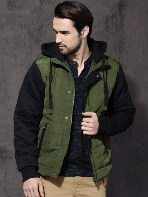 

Roadster Black & Olive Green Colourblocked Padded Jacket with Detachable Hood