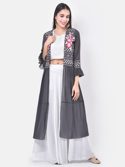 

Neerus Women White & Grey Embellished Ethnic Top with Palazzos & Shrug