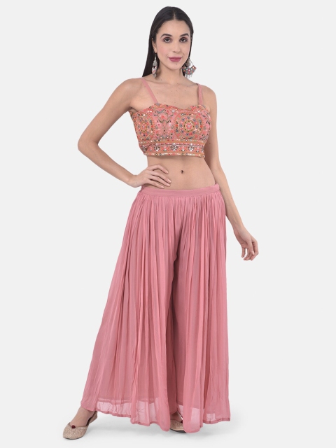 

Neerus Women Peach-Coloured & Blue Embellished Top & Palazzos With Jacket