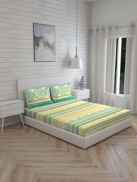 

Layers Cream-Coloured & Green Ethnic Motifs 144 TC Cotton 1 King Bedsheet with 2 Pillow Covers