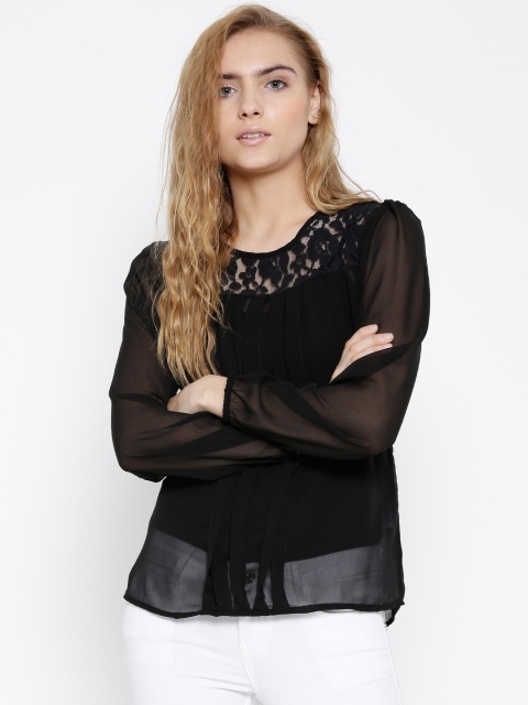 

Sera Black Polyester Lace Yoke Sheer Top