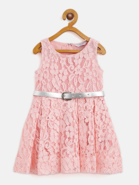 

U S Polo Assn Kids Girls Peach-Coloured Floral Lace Fit & Flare Dress with Belt