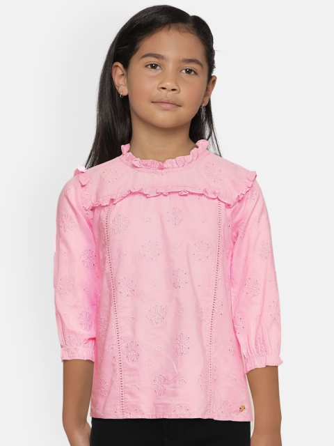 

U S Polo Assn Kids Pink Puff Sleeve Ruffles Pure Cotton Schiffli Top