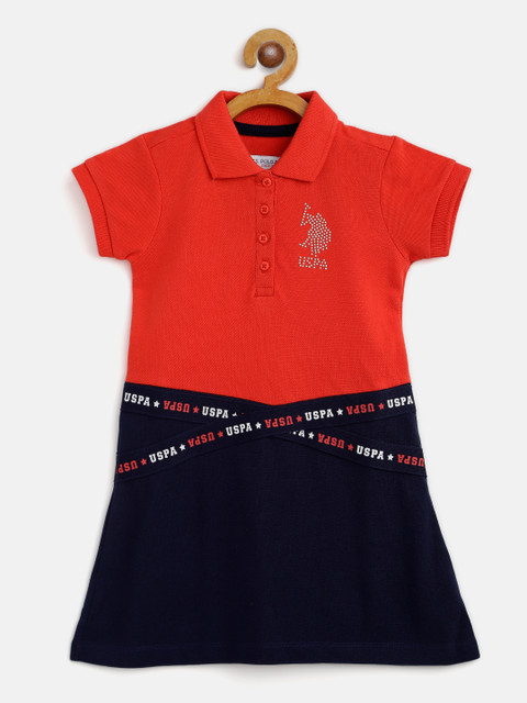 

U S Polo Assn Kids Red & Navy Blue Cotton Colourblocked A-Line Dress