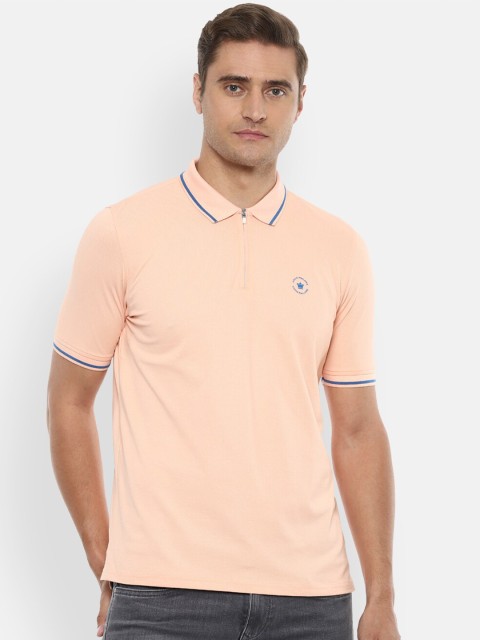 

Louis Philippe Men Peach-Coloured Solid Polo Collar T-shirt