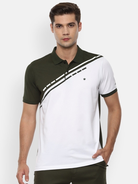 

Louis Philippe Men White & Olive Green Colourblocked Polo Collar T-shirt