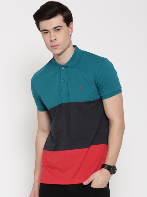 

United Colors of Benetton Blue & Coral Pink Colourblocked Polo T-shirt