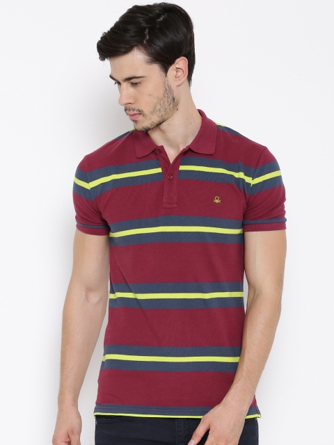 

United Colors of Benetton Maroon & Grey Striped Polo T-shirt