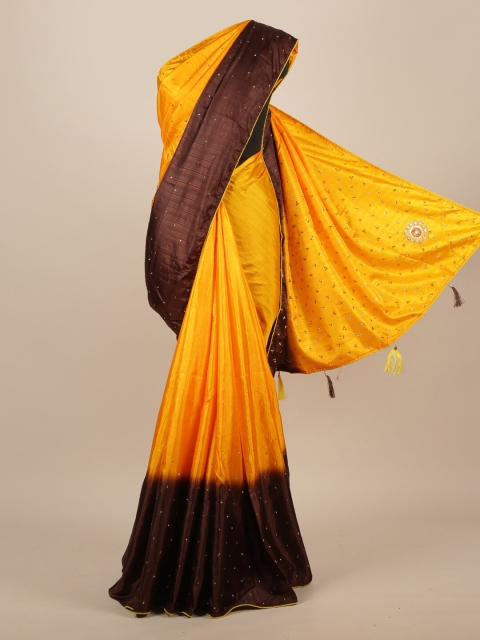 

Pothys Yellow & Brown Jute Silk Colourblocked Saree
