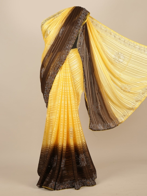 

Pothys Yellow Striped Poly Chiffon Saree