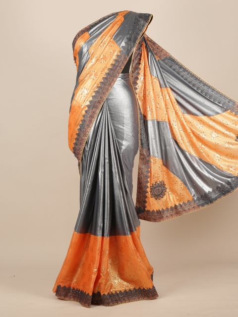 

Pothys Grey & Orange Jute Silk Embellished Saree