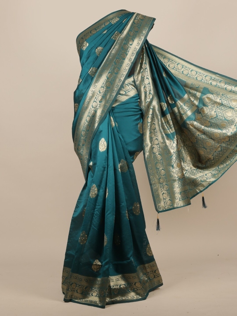 

Pothys Teal Green & Gold-Toned Jute Silk Woven Design Saree