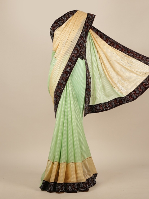 

Pothys Green & Yellow Poly Chiffon Striped Saree