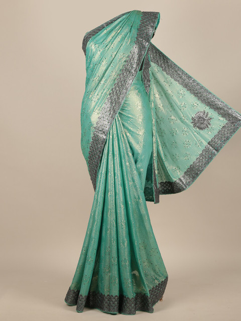 

Pothys Sea Green & Silver-Toned Jute Silk Embellished Saree