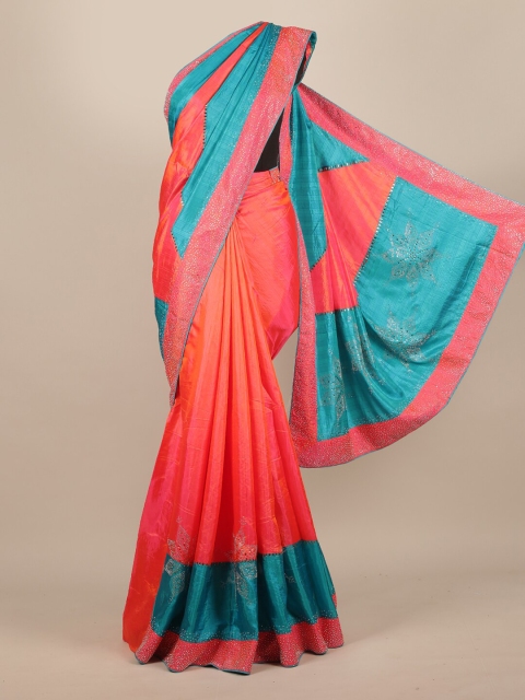 

Pothys Pink & Turquoise Blue Jute Silk Colourblocked Saree