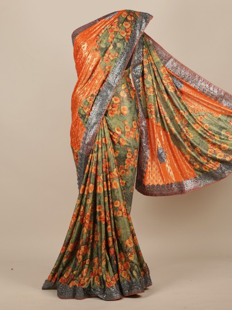 

Pothys Orange & Green Jute Silk Printed Saree
