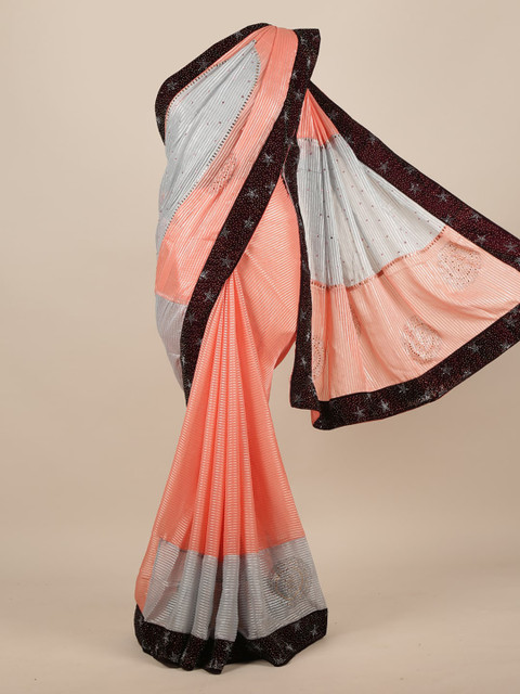 

Pothys Pink & Grey Poly Chiffon Colourblocked Saree