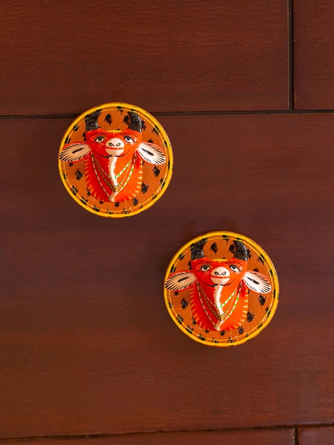 

ExclusiveLane Set Of 2 Orange & Black Grazing Cow Gular Wood Handcrafted Wall Hangings