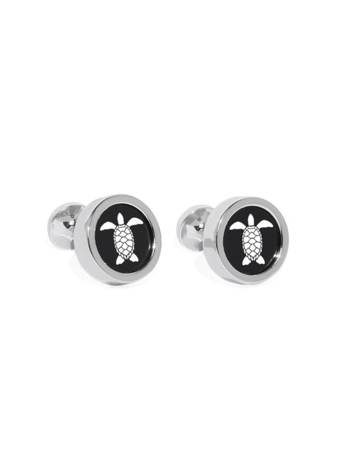 

Blacksmith Silver-Toned & Black Round Tiny Turtle Cufflinks