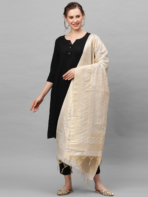 

Indo Era Cream-Coloured & Gold-Toned Woven Design Dupatta
