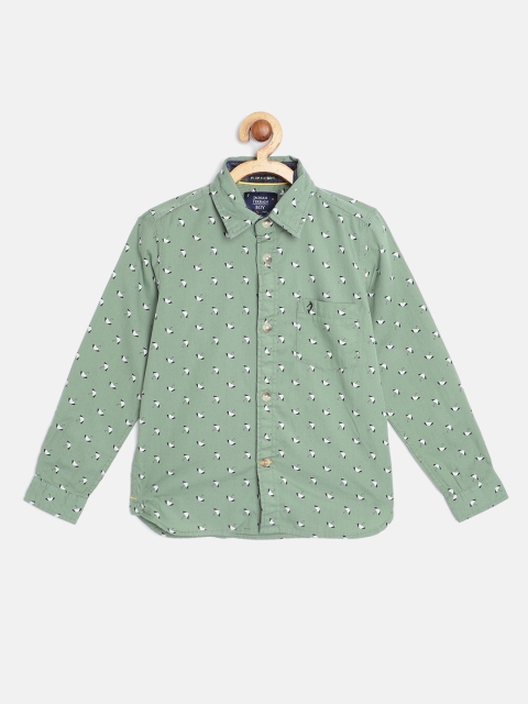 

Indian Terrain Boys Green & White Pure Cotton Conversational Print Casual Shirt