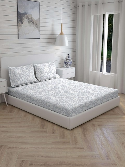 Boutique Living India Grey & White Floral 300 TC Cotton 1 King Bedsheet with 2 Pillow Covers