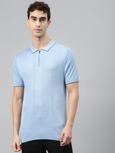

Marks & Spencer Men Blue Silk Self-Striped Spread Collar T-shirt