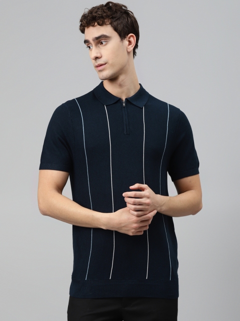 

Marks & Spencer Men Navy Blue & White Striped Spread Collar T-shirt