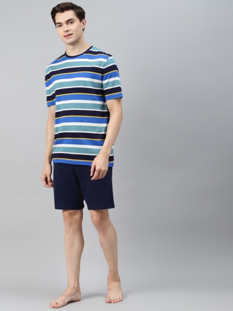 

Marks & Spencer Men Blue Pure Cotton Striped Short Set