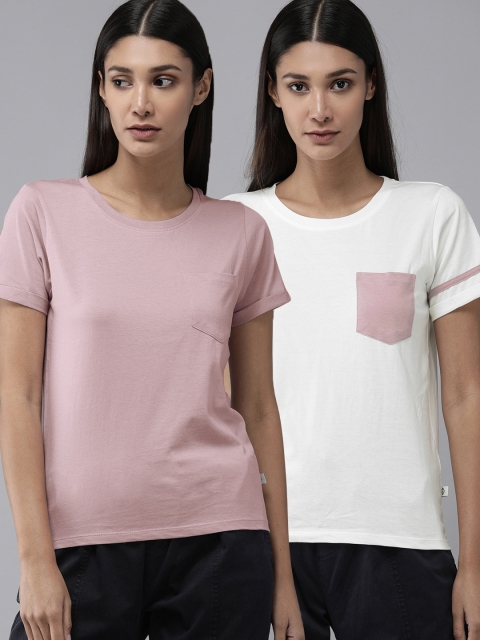

Roadster Women Pack of 2 Mauve White Pure Cotton T-shirts