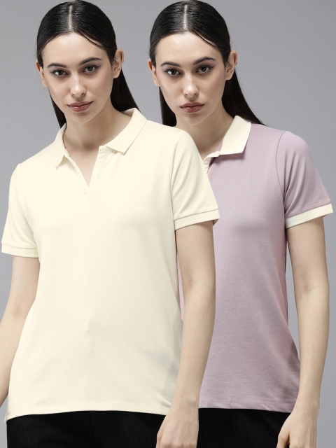 

Roadster Women Pack of 2 Beige & Mauve Polo Collar T-shirts