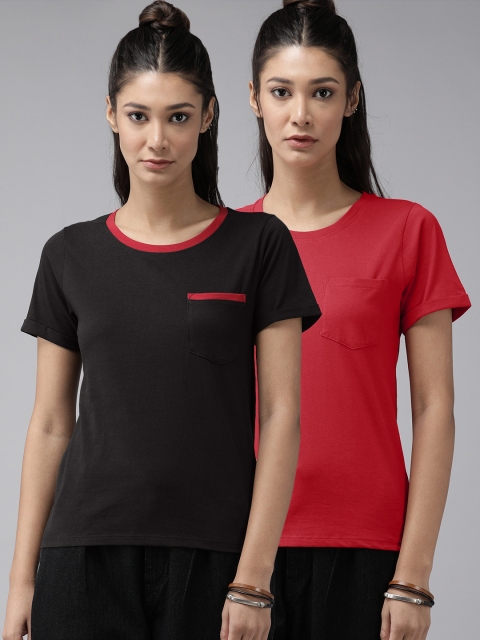 

Roadster Women pack Of 2 Black Red Solid Round Neck Pure Cotton T-shirt